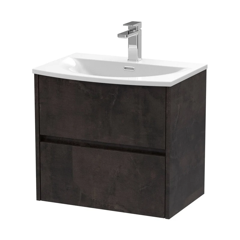Nuie Havana 600mm Wall Hung 2 Drawer Unit & Basin 4 Contemporary Metallic Slate MFC Textured Matt 564x610x440mm