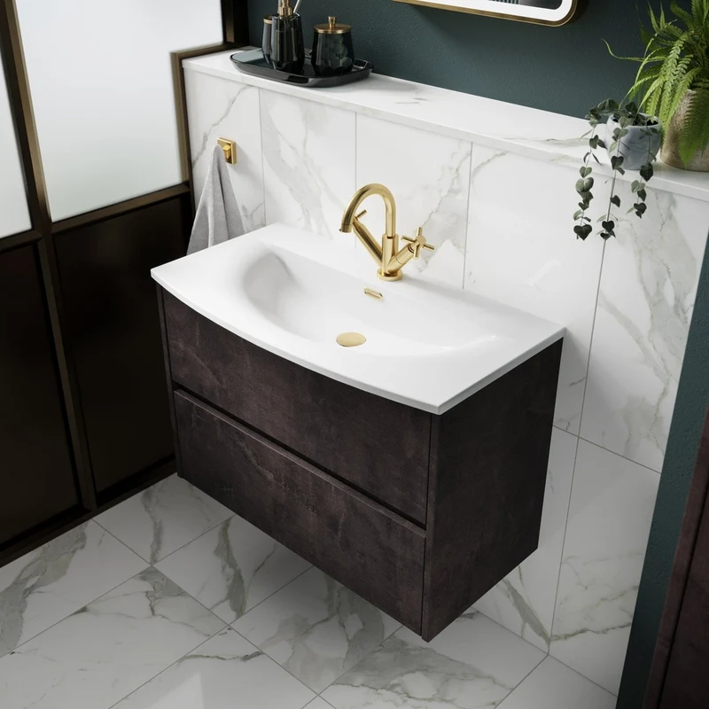 Nuie Havana 600mm Wall Hung 2 Drawer Unit & Basin 4 Contemporary Metallic Slate MFC Textured Matt 564x610x440mm