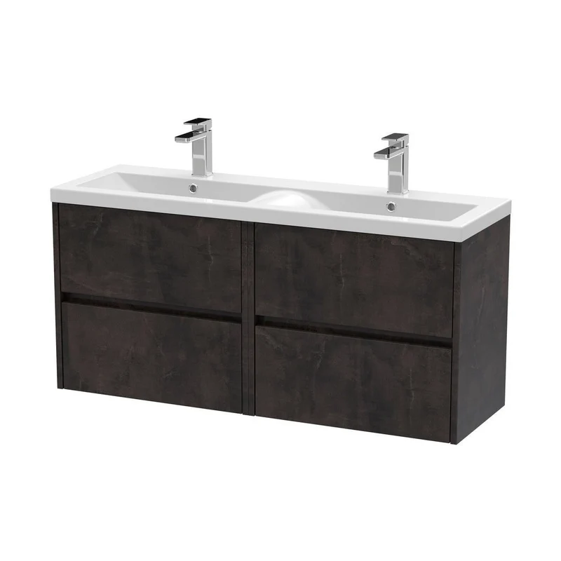 Nuie Havana 1200mm Wall Hung 4 Drawer Unit & Double Basin Contemporary Metallic Slate MFC Textured Matt 579x1205x385mm - HAV2604F