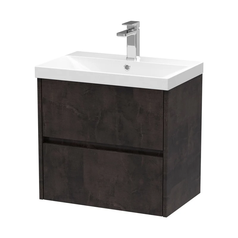 Nuie Havana 600mm Wall Hung 2 Drawer Unit & Basin 3 Contemporary Metallic Slate MFC Textured Matt 589x610x395mm