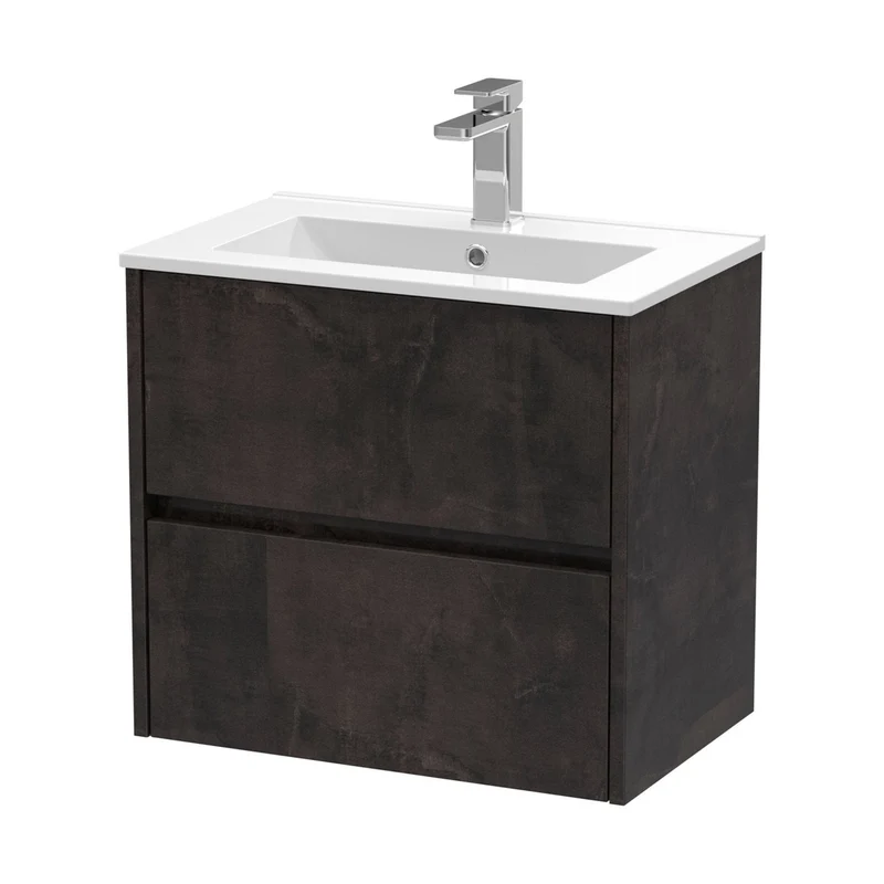 Nuie Havana 600mm Wall Hung 2 Drawer Unit & Basin 2 Contemporary Metallic Slate MFC Textured Matt 557x600x390mm