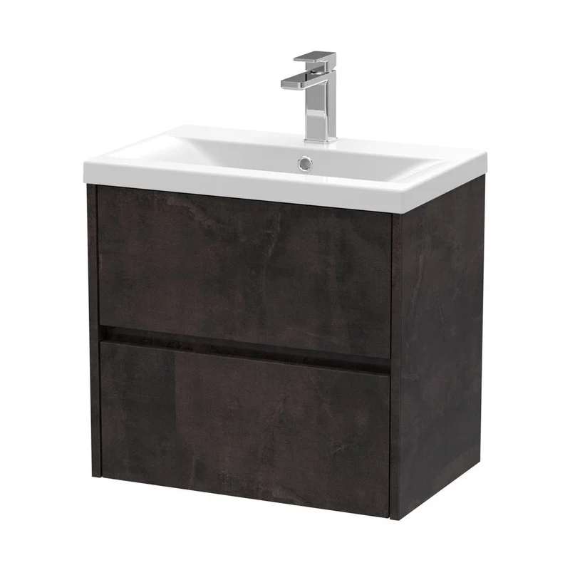 Nuie Havana 600mm Wall Hung 2 Drawer Unit & Basin 1 Contemporary Metallic Slate MFC Textured Matt 579x610x390mm