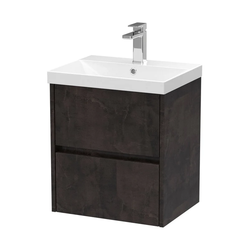 Nuie Havana 500mm Wall Hung 2 Drawer Unit & Basin 3 Contemporary Metallic Slate MFC Textured Matt 589x510x395mm