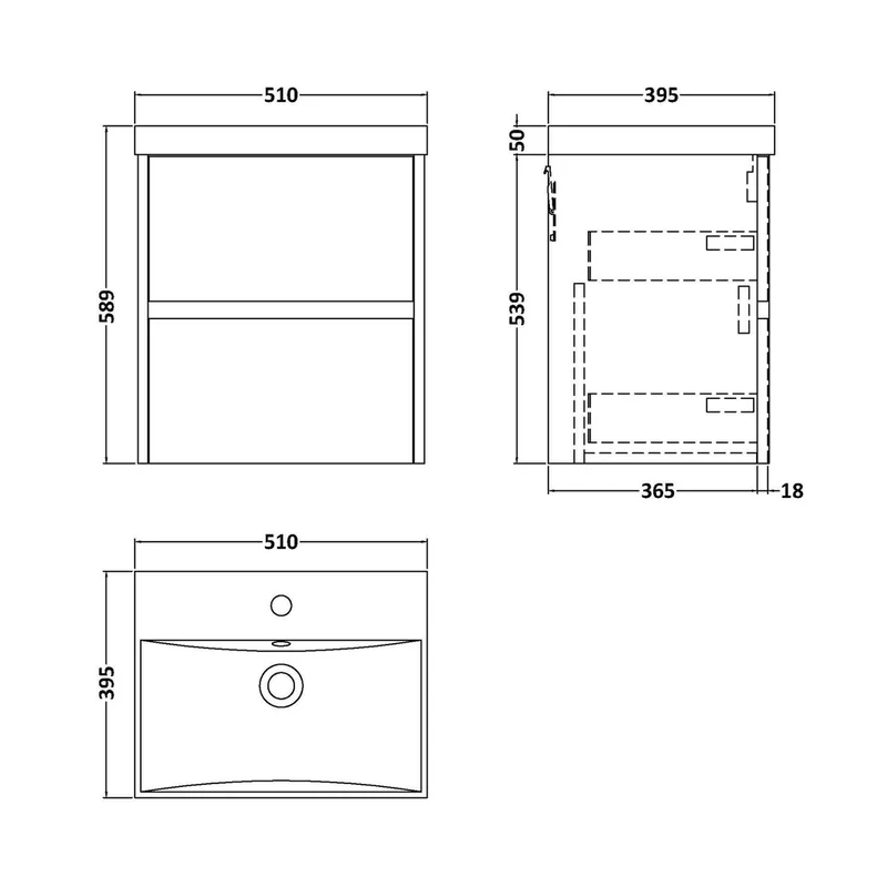 Nuie Havana 500mm Wall Hung 2 Drawer Unit & Basin 3 Contemporary Metallic Slate MFC Textured Matt 589x510x395mm
