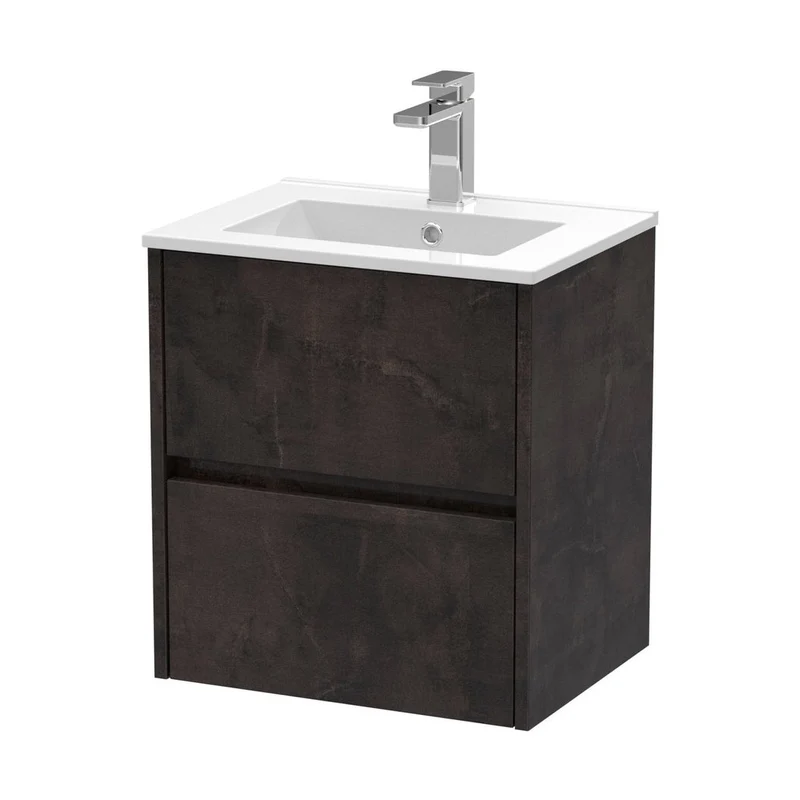 Nuie Havana 500mm Wall Hung 2 Drawer Unit & Basin 2 Contemporary Metallic Slate MFC Textured Matt 557x500x390mm