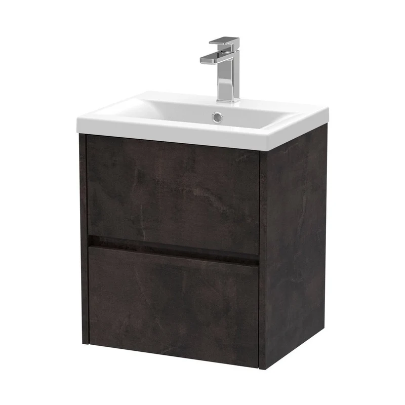 Nuie Havana 500mm Wall Hung 2 Drawer Unit & Basin 1 Contemporary Metallic Slate MFC Textured Matt 579x510x390mm