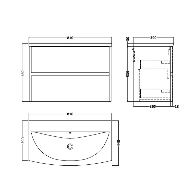 Nuie Havana 800mm Wall Hung 2 Drawer Unit & Basin 4 Contemporary Coastal Grey MFC Smooth Matt 564x810x440mm