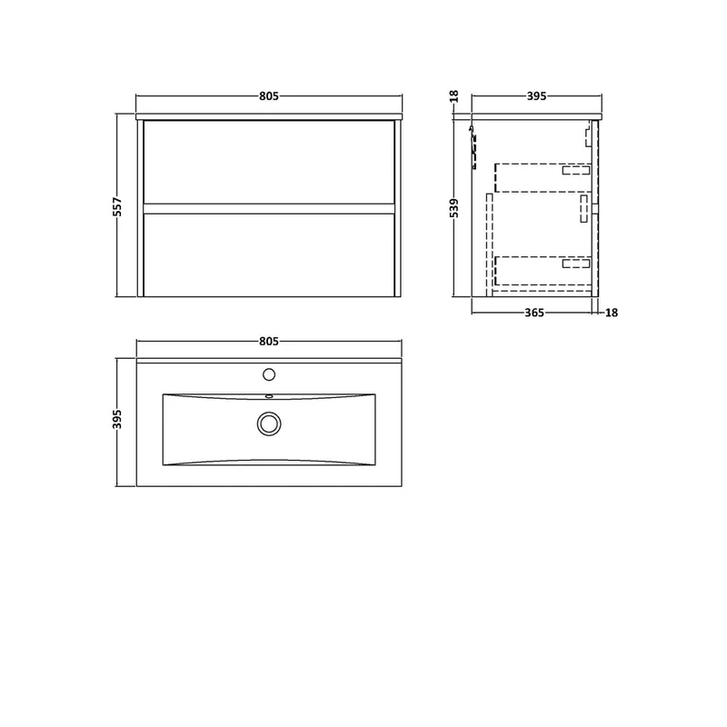 Nuie Havana 800mm Wall Hung 2 Drawer Unit & Basin 2 Contemporary Coastal Grey MFC Smooth Matt 557x800x390mm