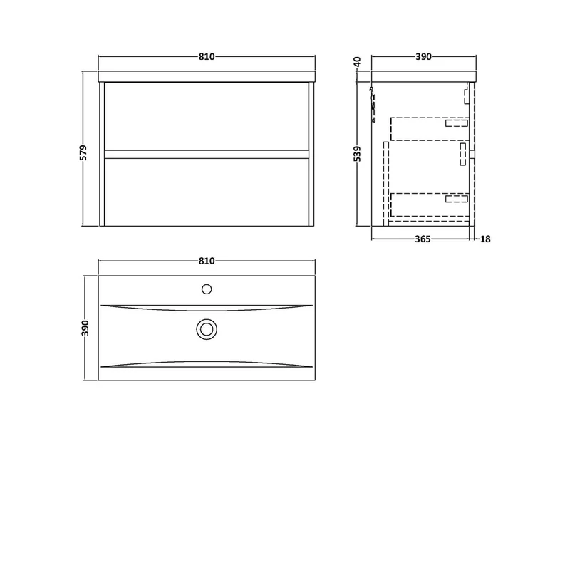 Nuie Havana 800mm Wall Hung 2 Drawer Unit & Basin 1 Contemporary Coastal Grey MFC Smooth Matt 579x810x390mm