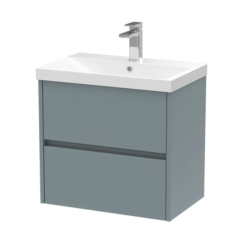 Nuie Havana 600mm Wall Hung 2 Drawer Unit & Basin 3 Contemporary Coastal Grey MFC Smooth Matt 589x610x395mm