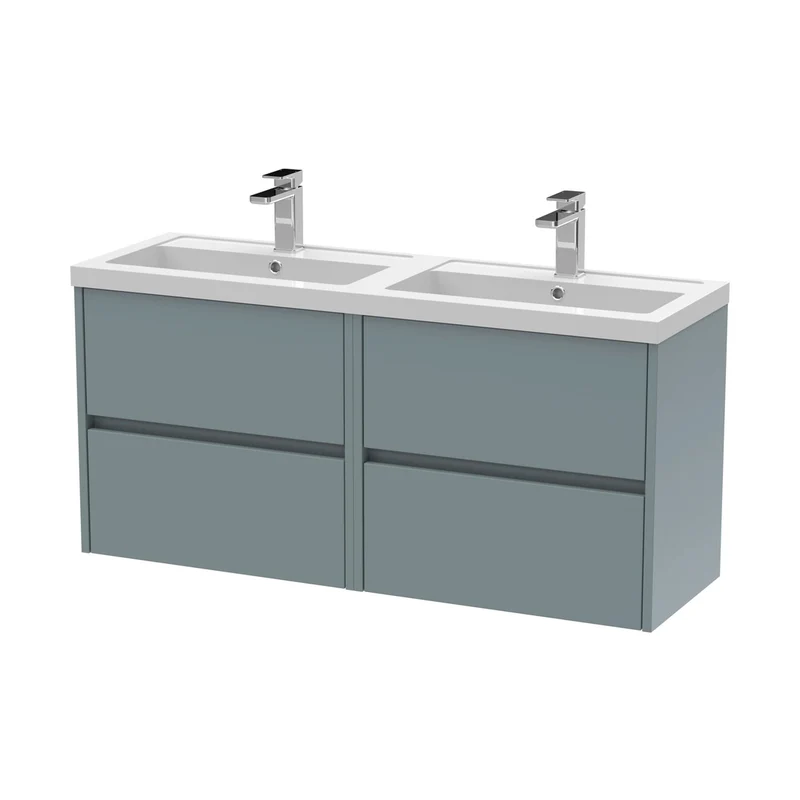 Nuie Havana 1200mm Wall Hung 4 Drawer Unit & Double Basin Contemporary Coastal Grey MFC Smooth Matt 579x1205x385mm - HAV2304C