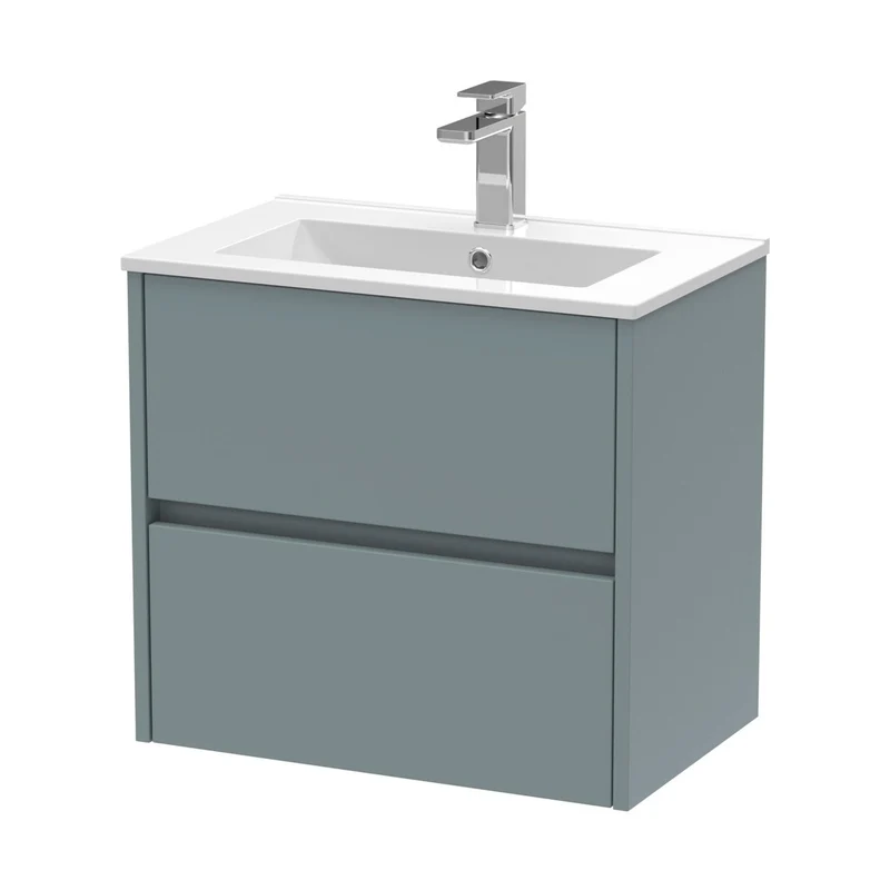 Nuie Havana 600mm Wall Hung 2 Drawer Unit & Basin 2 Contemporary Coastal Grey MFC Smooth Matt 557x600x390mm