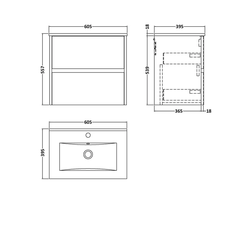 Nuie Havana 600mm Wall Hung 2 Drawer Unit & Basin 2 Contemporary Coastal Grey MFC Smooth Matt 557x600x390mm