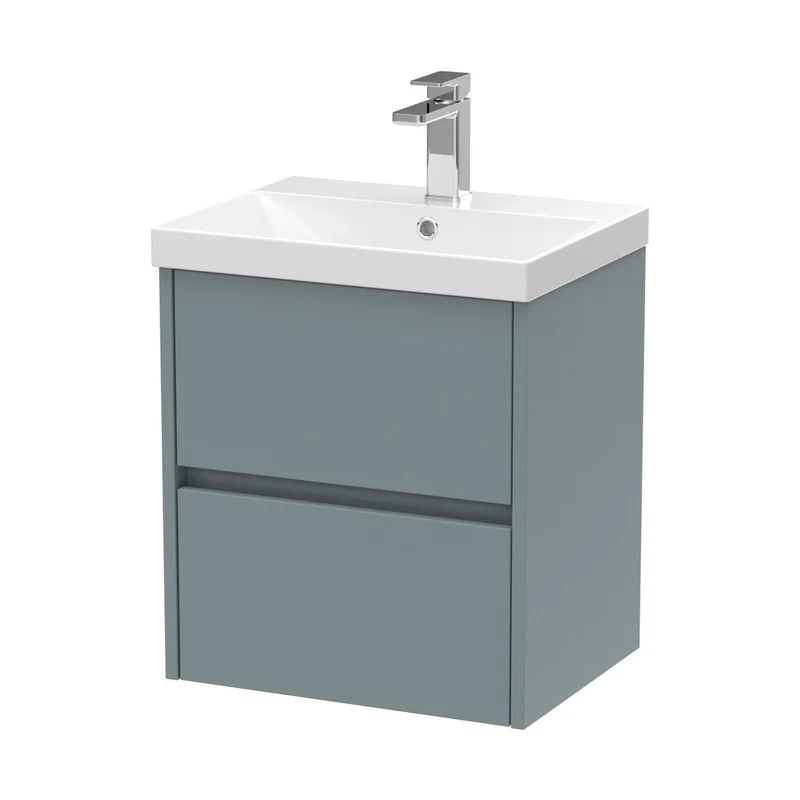 Nuie Havana 500mm Wall Hung 2 Drawer Unit & Basin 3 Contemporary Coastal Grey MFC Smooth Matt 589x510x395mm