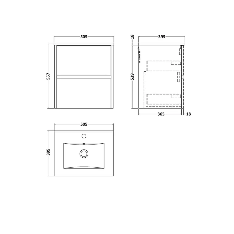 Nuie Havana 500mm Wall Hung 2 Drawer Unit & Basin 2 Contemporary Coastal Grey MFC Smooth Matt 557x500x390mm
