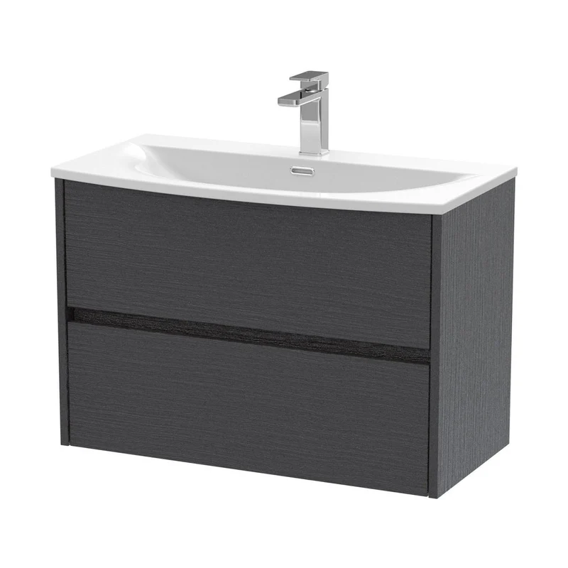 Nuie Havana 800mm Wall Hung 2 Drawer Unit & Basin 4 Contemporary Graphite Grey Woodgrain MFC Textured Woodgrain 564x810x440mm