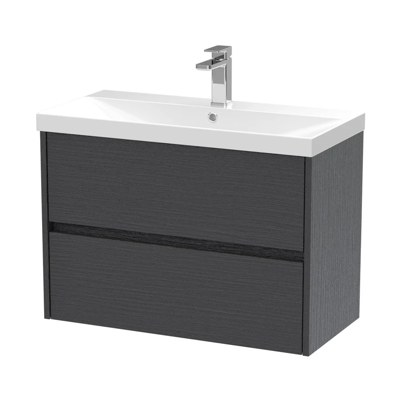 Nuie Havana 800mm Wall Hung 2 Drawer Unit & Basin 3 Contemporary Graphite Grey Woodgrain MFC Textured Woodgrain 589x810x395mm