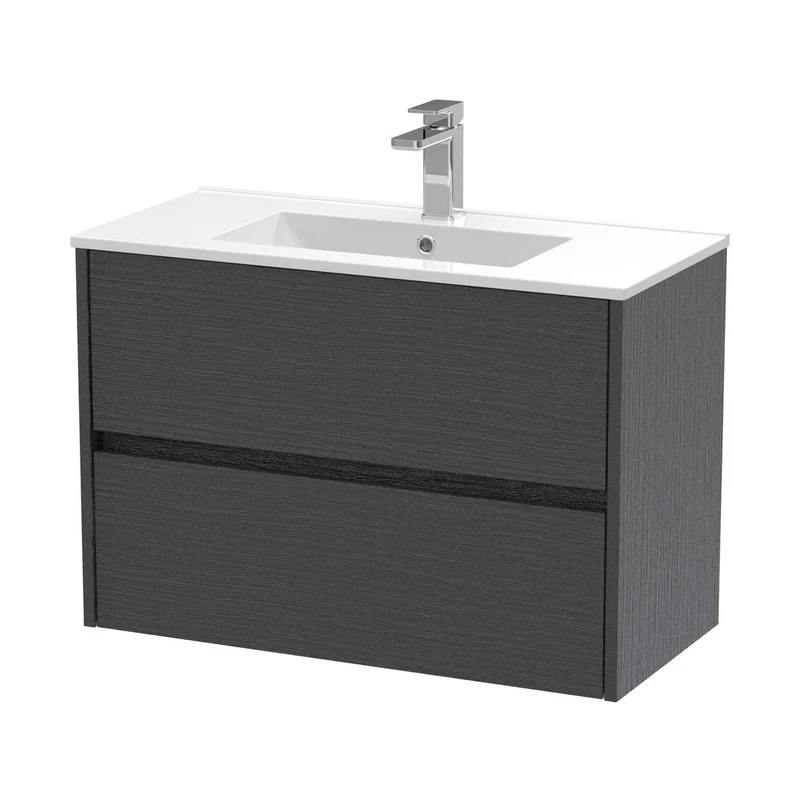 Nuie Havana 800mm Wall Hung 2 Drawer Unit & Basin 2 Contemporary Graphite Grey Woodgrain MFC Textured Woodgrain 557x800x390mm