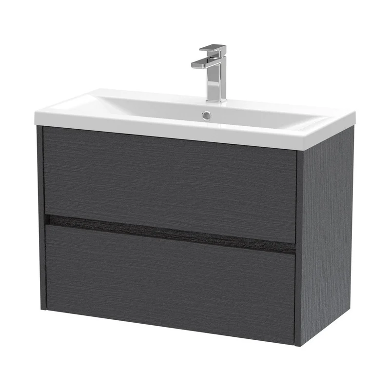 Nuie Havana 800mm Wall Hung 2 Drawer Unit & Basin 1 Contemporary Graphite Grey Woodgrain MFC Textured Woodgrain 579x810x390mm