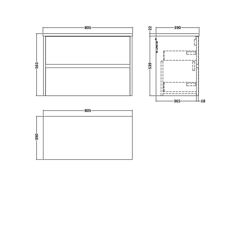 Nuie Havana 800 Wall Hung 2-drawer Unit & Laminate Worktop Contemporary Midnight Blue MFC Painted Matt 561x805x390mm