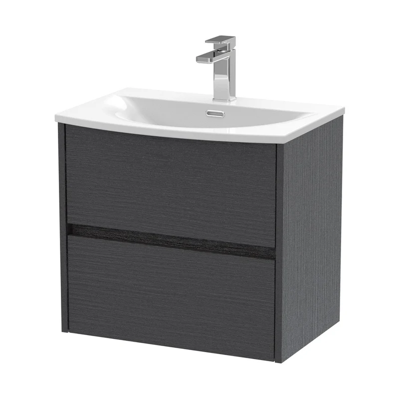 Nuie Havana 600mm Wall Hung 2 Drawer Unit & Basin 4 Contemporary Graphite Grey Woodgrain MFC Textured Woodgrain 564x610x440mm