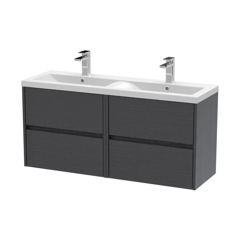 Nuie Havana 1200mm Wall Hung 4 Drawer Unit & Double Basin Contemporary Graphite Grey Woodgrain MFC Textured Woodgrain 579x1205x385mm - HAV2204F
