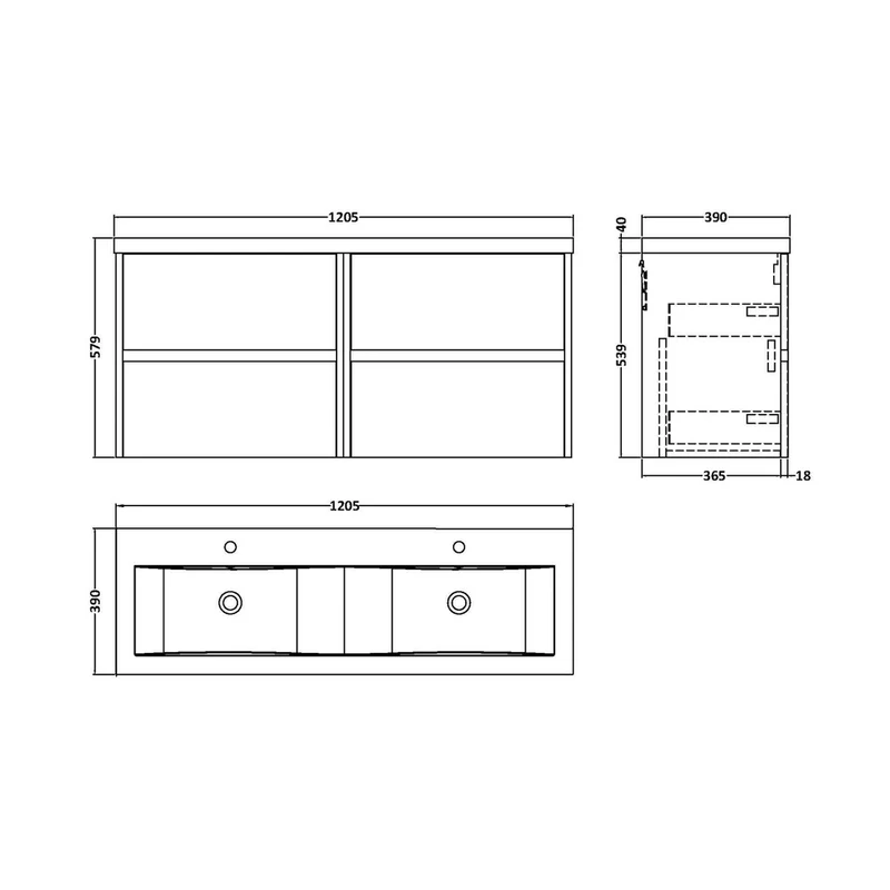 Nuie Havana 1200mm Wall Hung 4 Drawer Unit & Double Basin Contemporary Graphite Grey Woodgrain MFC Textured Woodgrain 579x1205x385mm - HAV2204F