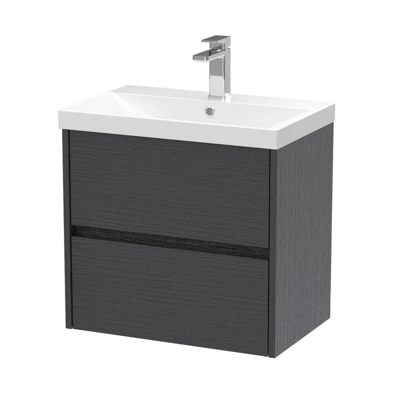 Nuie Havana 600mm Wall Hung 2 Drawer Unit & Basin 3 Contemporary Graphite Grey Woodgrain MFC Textured Woodgrain 589x610x395mm