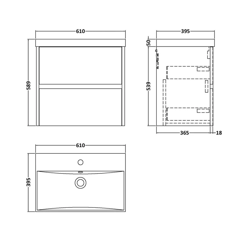 Nuie Havana 600mm Wall Hung 2 Drawer Unit & Basin 3 Contemporary Graphite Grey Woodgrain MFC Textured Woodgrain 589x610x395mm