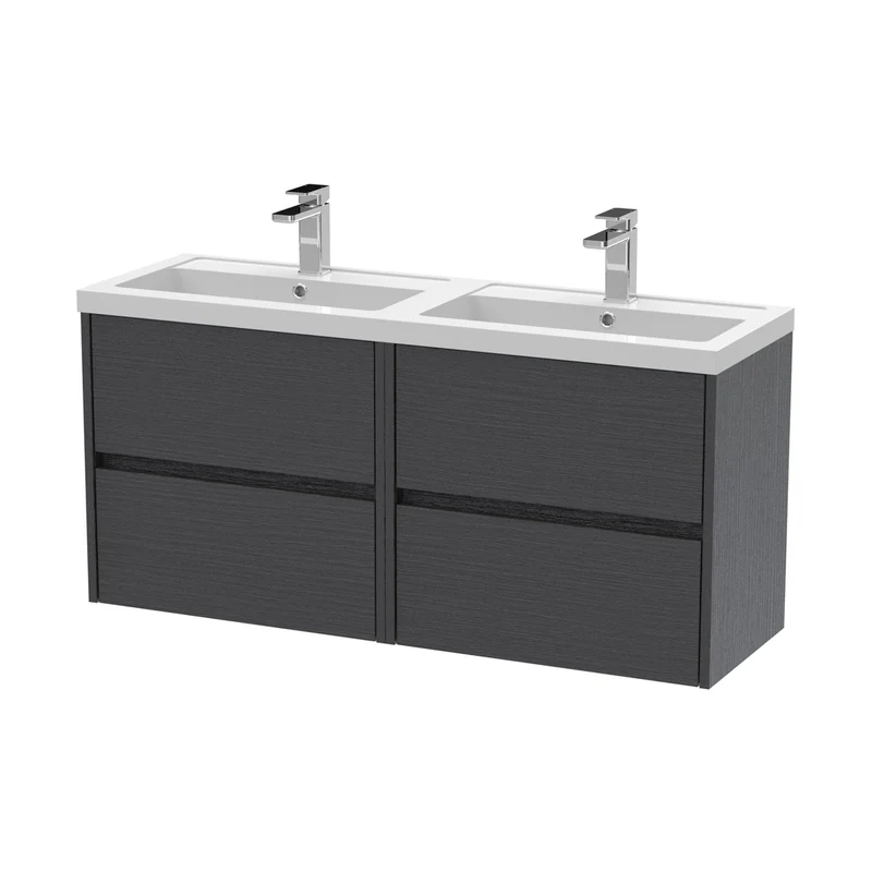 Nuie Havana 1200mm Wall Hung 4 Drawer Unit & Double Basin Contemporary Graphite Grey Woodgrain MFC Textured Woodgrain 579x1205x385mm - HAV2204C