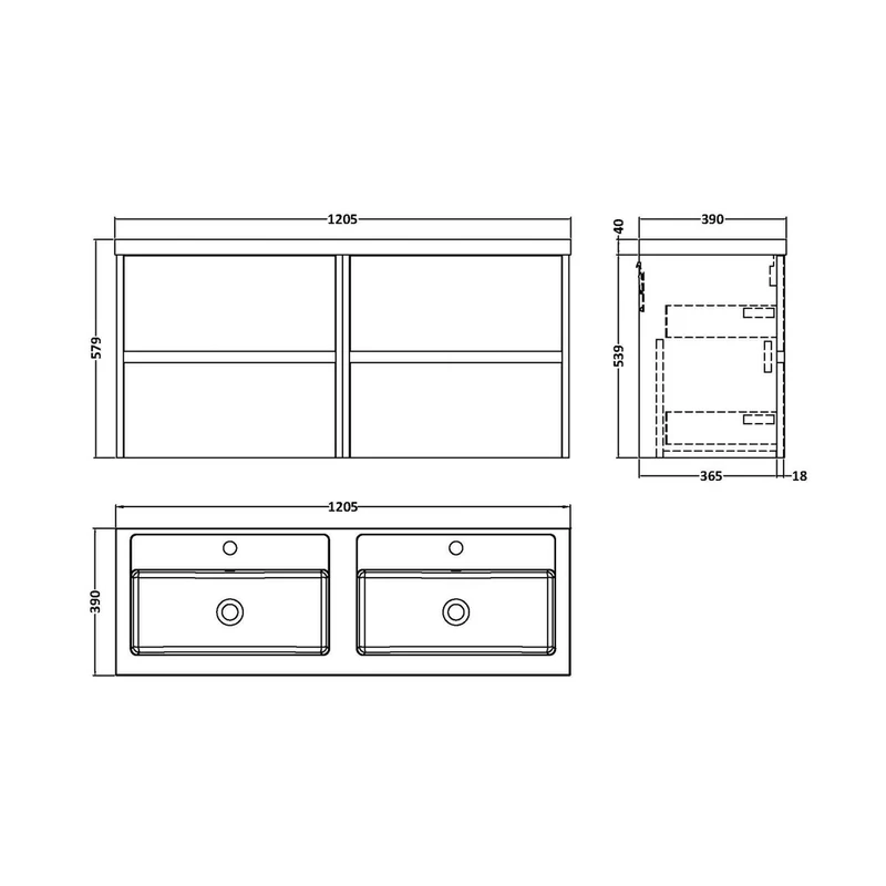 Nuie Havana 1200mm Wall Hung 4 Drawer Unit & Double Basin Contemporary Graphite Grey Woodgrain MFC Textured Woodgrain 579x1205x385mm - HAV2204C