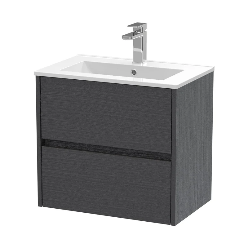 Nuie Havana 600mm Wall Hung 2 Drawer Unit & Basin 2 Contemporary Graphite Grey Woodgrain MFC Textured Woodgrain 557x600x390mm