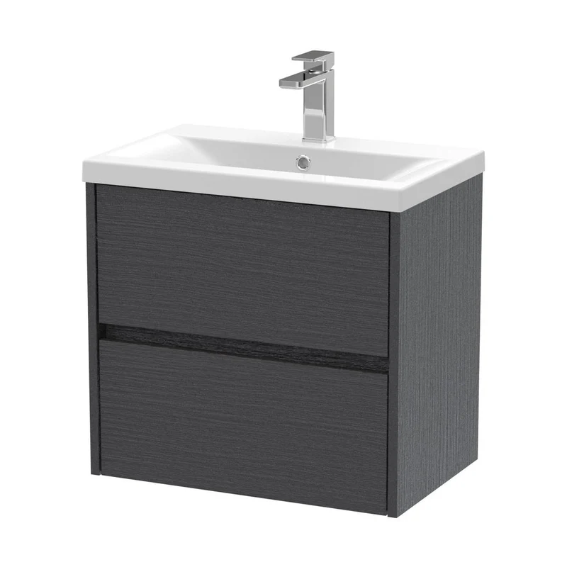 Nuie Havana 600mm Wall Hung 2 Drawer Unit & Basin 1 Contemporary Graphite Grey Woodgrain MFC Textured Woodgrain 579x610x390mm