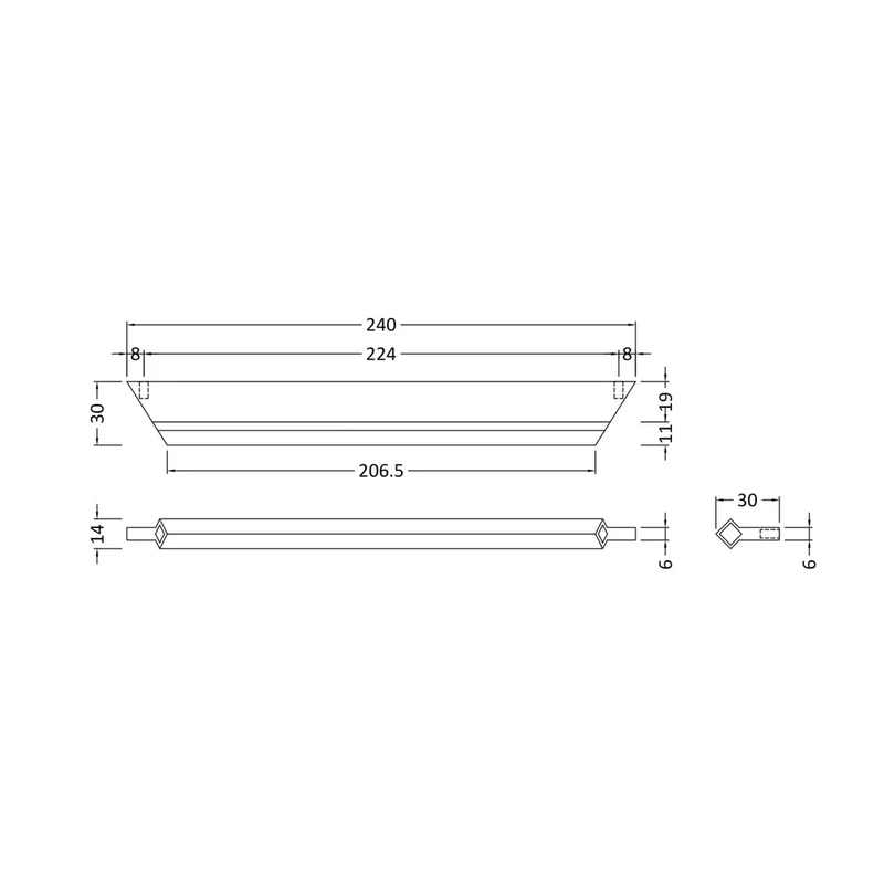 Nuie Handles Profile Handle 224mm Contemporary Chrome Aluminium 14x240x30mm