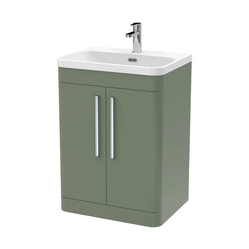 Nuie Parade 600mm Floor Standing 2 Door Vanity & Thin Edge Ceramic Basin Contemporary Satin Green Ceramic,MFC Smooth Matt