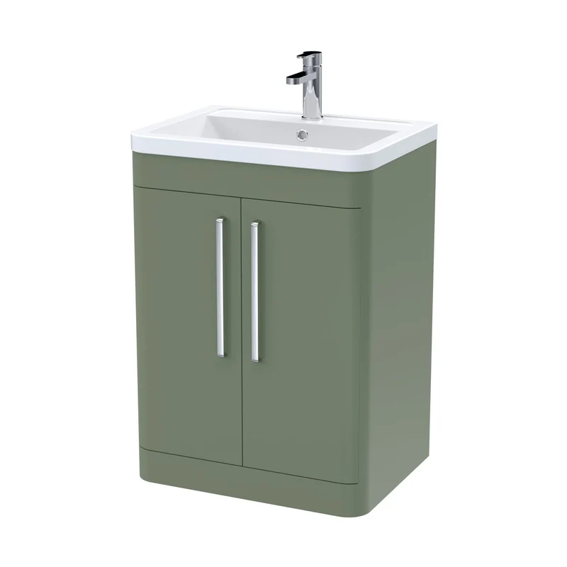 Nuie Parade 600mm Floor Standing 2 Door Vanity & Ceramic Basin Contemporary Satin Green Ceramic,MFC Smooth Matt 840x610x450mm
