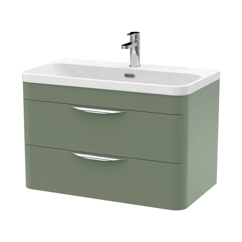 Nuie Parade 800mm Wall Hung 2 Drawer Vanity & Thin Edge Ceramic Basin Contemporary Satin Green Ceramic,MFC Smooth Matt