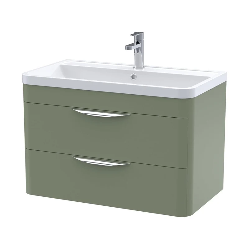 Nuie Parade 800mm Wall Hung 2 Drawer Vanity & Ceramic Basin Contemporary Satin Green Ceramic,MFC Smooth Matt 540x810x450mm