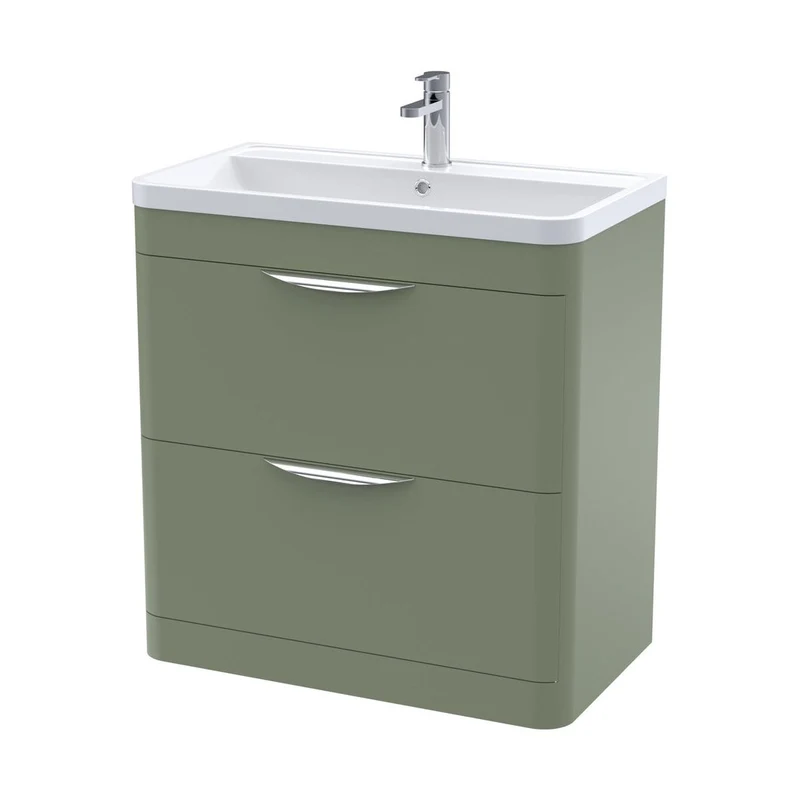Nuie Parade 800mm Floor Standing 2 Drawer Vanity & Ceramic Basin Contemporary Satin Green Ceramic,MFC Smooth Matt 840x810x450mm