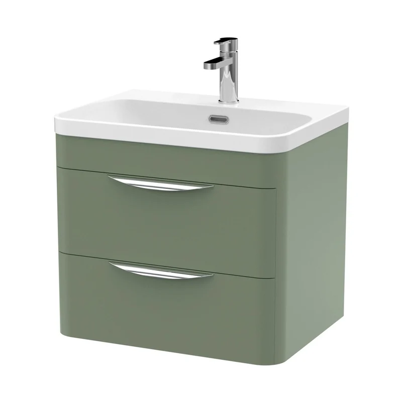 Nuie Parade 600mm Wall Hung 2 Drawer Vanity & Thin Edge Ceramic Basin Contemporary Satin Green Ceramic,MFC Smooth Matt