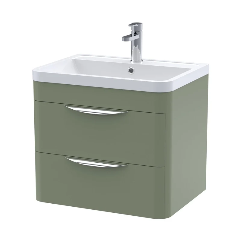 Nuie Parade 600mm Wall Hung 2 Drawer Vanity & Polymarble Basin Contemporary Satin Green MFC Smooth Matt,polymarble 540x800x450mm