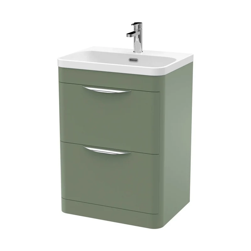 Nuie Parade 600mm Floor Standing 2 Drawer Vanity & Thin Edge Ceramic Basin Contemporary Satin Green Ceramic,MFC Smooth Matt
