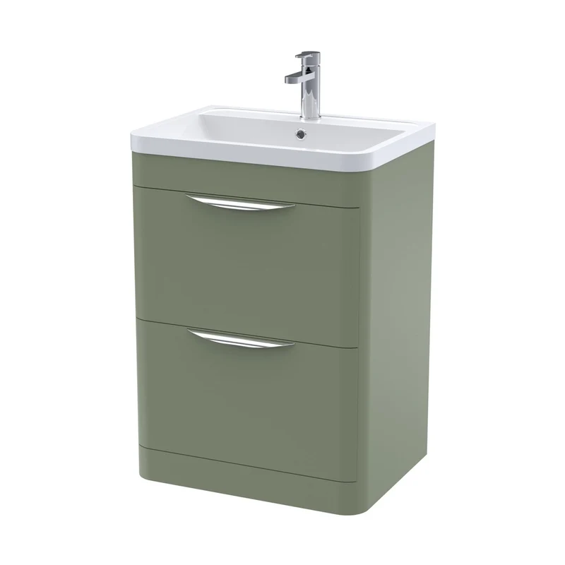 Nuie Parade 600mm Floor Standing 2 Drawer Vanity & Ceramic Basin Contemporary Satin Green Ceramic,MFC Smooth Matt 840x610x450mm