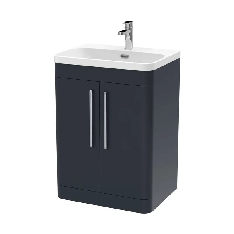 Nuie Parade 600mm Floor Standing 2 Door Vanity & Thin Edge Ceramic Basin Contemporary Soft Black Ceramic,MFC Smooth Matt
