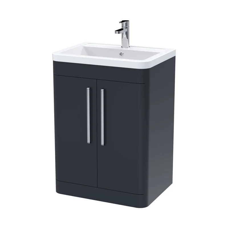 Nuie Parade 600mm Floor Standing 2 Door Vanity & Ceramic Basin Contemporary Soft Black Ceramic,MFC Smooth Matt 840x610x450mm