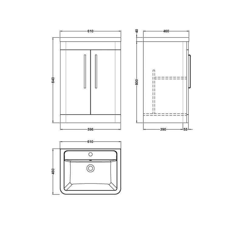 Nuie Parade 600mm Floor Standing 2 Door Vanity & Ceramic Basin Contemporary Soft Black Ceramic,MFC Smooth Matt 840x610x450mm