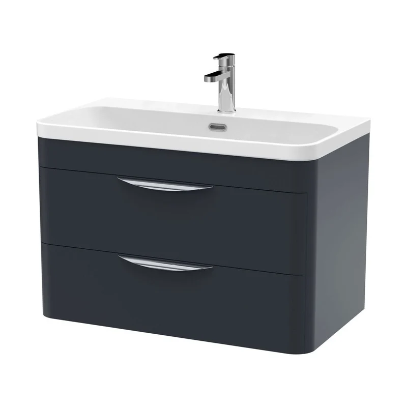 Nuie Parade 800mm Wall Hung 2 Drawer Vanity & Thin Edge Ceramic Basin Contemporary Soft Black Ceramic,MFC Smooth Matt