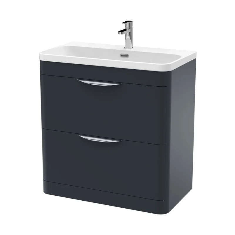 Nuie Parade 800mm Floor Standing 2 Drawer Vanity & Thin Edge Ceramic Basin Contemporary Soft Black Ceramic,MFC Smooth Matt