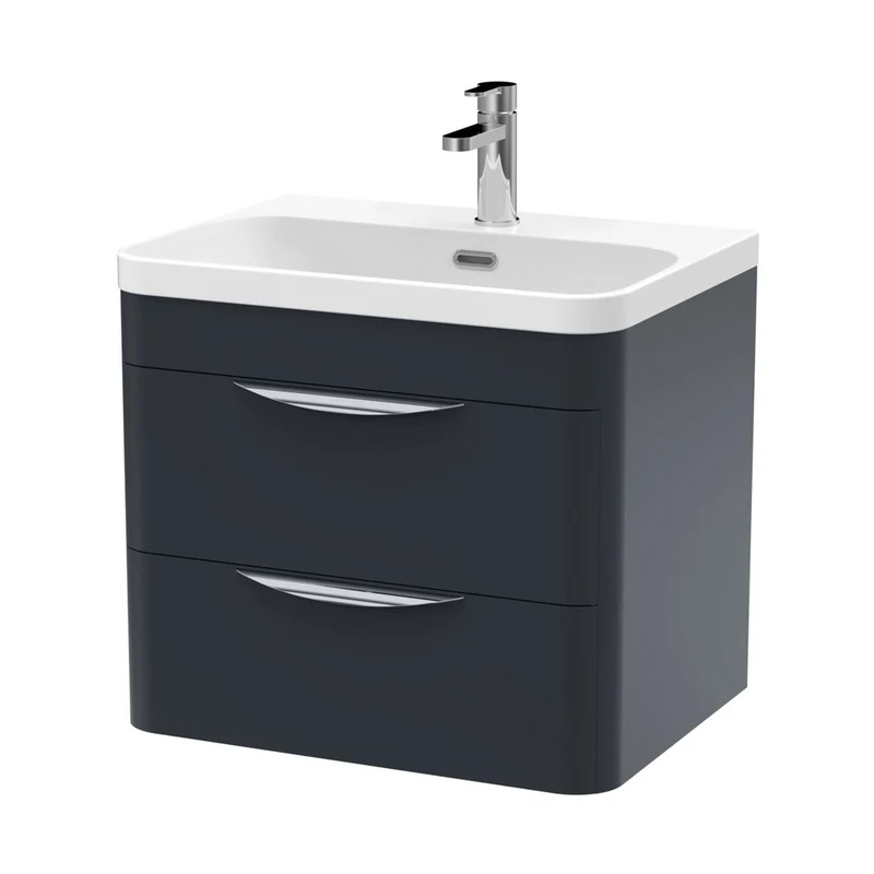Nuie Parade 600mm Wall Hung 2 Drawer Vanity & Thin Edge Ceramic Basin Contemporary Soft Black Ceramic,MFC Smooth Matt