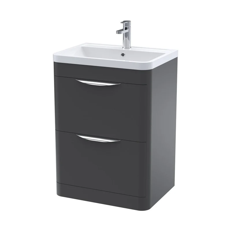 Nuie Parade 600mm Floor Standing 2 Drawer Vanity & Ceramic Basin Contemporary Soft Black Ceramic,MFC Smooth Matt 840x610x450mm